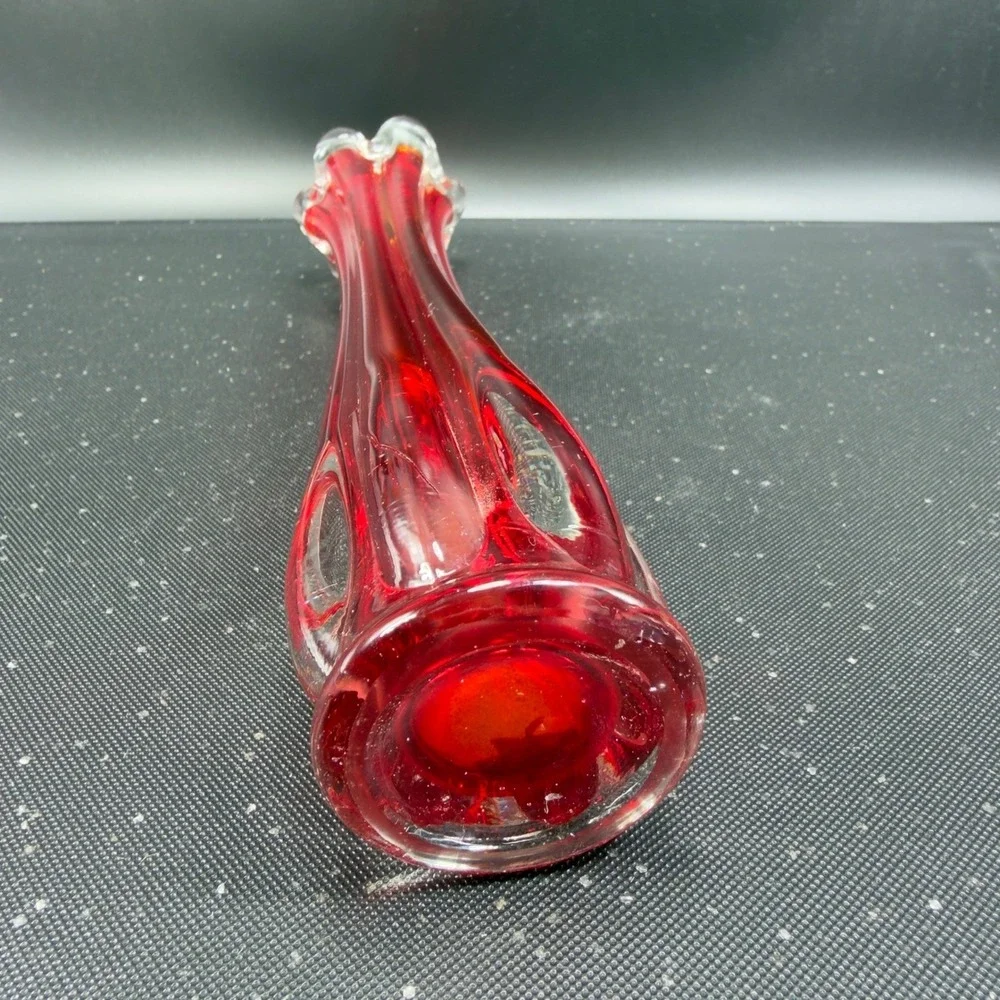 Vintage Ruby Red Swung Glass Bud Vase Ruffled Finger Rim Mid Century Modern‎ VTG